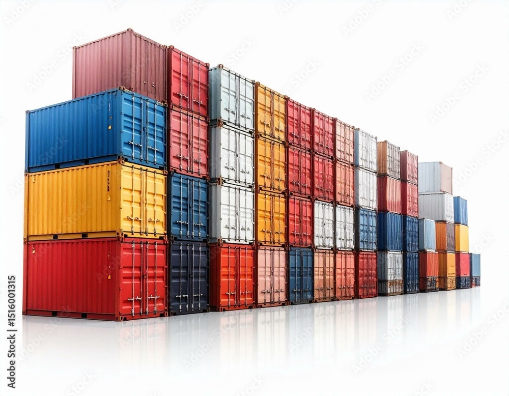 Fototapeta premium Colorful Stacked Cargo Shipping Containers Representing Global Trade and Logistics