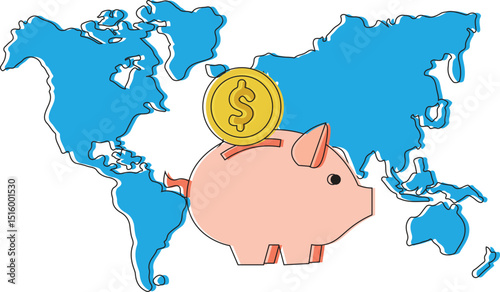 piggy bank with money,world saving day illustration design with piggy bank money saver with golden dollar coin with world map globe earth map behind it, Saving Day clipart, Finance backdrop
