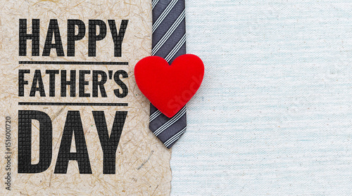 Happy Father's day banner with red heart and blue necktie on paper and canvas fabric background, Father's day greeting card background idea