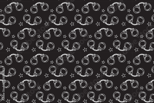 handcuffs police supply with star line art engraving seamless pattern on black background. retro prison manacle hatching wallpaper for kids, police, security merchandise