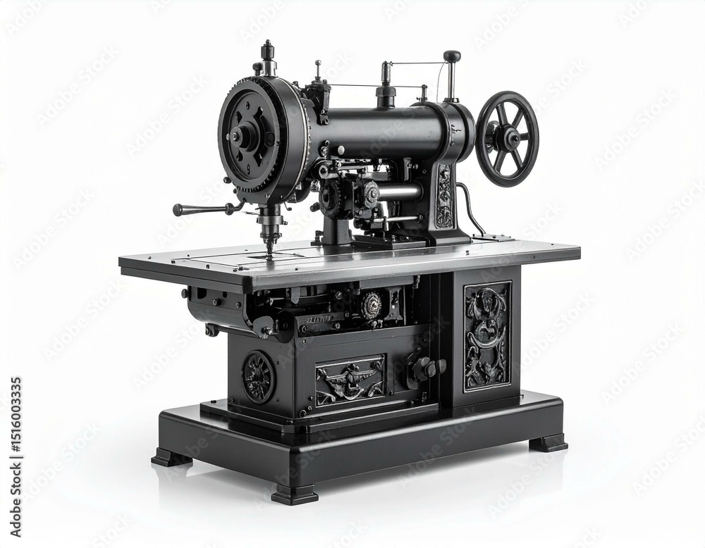 Fototapeta premium Antique Black Industrial Sewing Machine Vintage Craftsmanship Detailed Close up