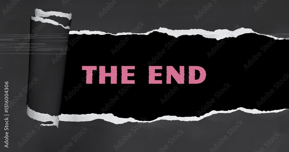 The end text animation Torn paper effect revealing pink text on black background with horizontal lines and gray texture