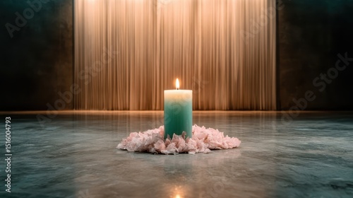 A captivating image of a lit candle surrounded by soft petals, creating an enchanting ambiance that evokes feelings of warmth, peace, and cozy atmosphere, perfect for relaxation.