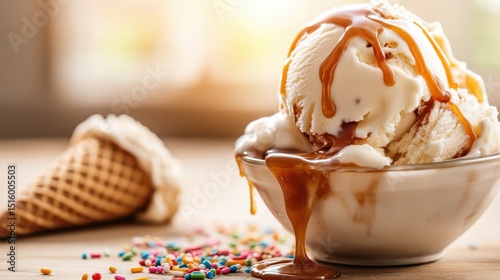 This mouthwatering image presents a delectable ice cream sundae topped with caramel sauce and colorful sprinkles, perfect for showcasing appetizing desserts in a vibrant setting.
