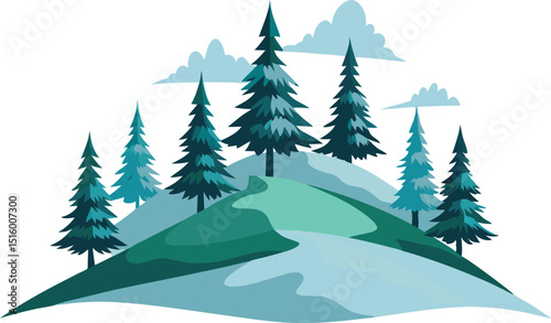 Winter hill with pine trees