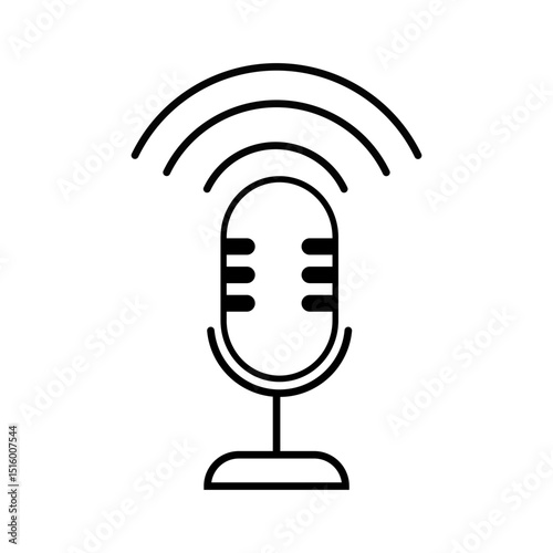 Podcast Microphone Icon with Sound Waves Isolated on White Background