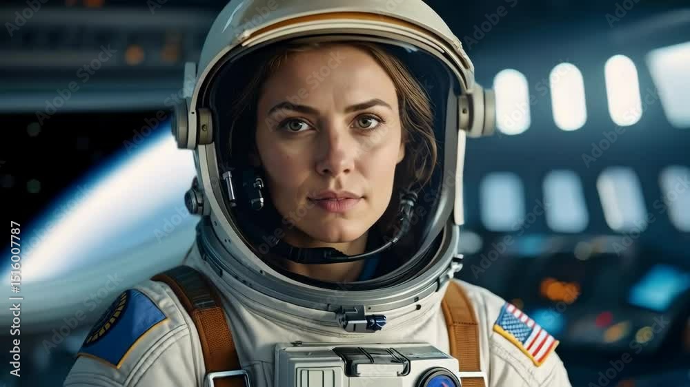 Determined woman astronaut with a helmet inside spaceship, confident look, exploring space mission in the future, exploring technology