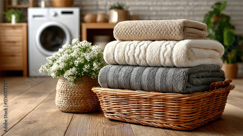 Freshly folded towels in woven basket add cozy touch to laundry room, complemented by beautiful flower arrangement and washing machine in background