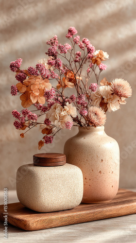 Soft pink and beige beauty containers with dried plants create serene and elegant atmosphere, perfect for home decor. natural textures and colors evoke sense of calm and warmth