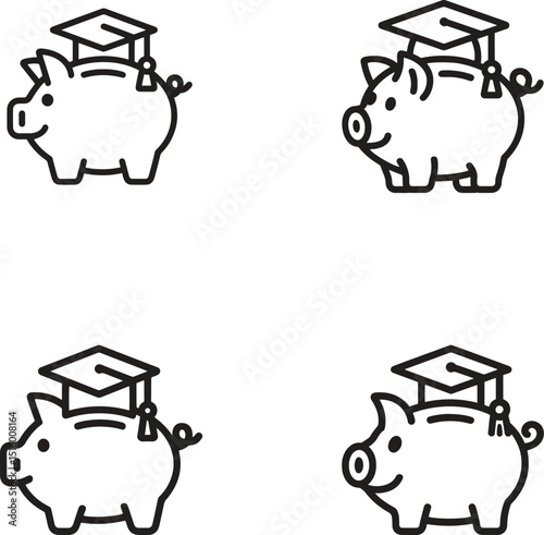 piggy bank with graduation cap line icons set. education, savings, finance, scholarship. editable vector illustration