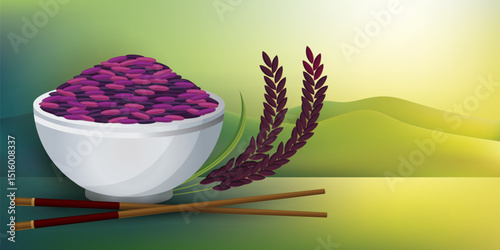Rice berry. Rice Bowl and chopstick. Vector illustration. 
