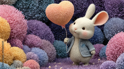 Tiny bunny holds heart shaped balloon amidst colorful, fluffy flowers, creating whimsical and joyful scene. pastel colors evoke sense of warmth and happiness