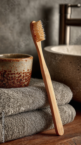 Bamboo toothbrush stands elegantly on stack of soft towels beside rustic cup and minimalist sink, creating serene and eco friendly bathroom atmosphere