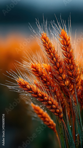 Golden wheat stalks glistening with dew in vibrant autumn landscape, showcasing nature beauty and tranquility