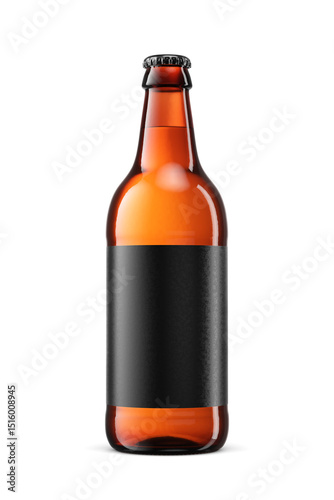 Fotografie 500ml long neck amber glass bottle with beer and black label isolated