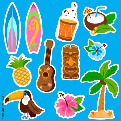 Hawaiian beach summer sticker set for kids. Island vacations sticker sheet set. Luau party with music and drinks, fun surfing objects. Cute sticker sheet, planner and scrapbook. Vector illustration