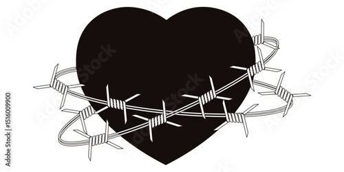 Heart in barbed wire. Vector illustration of black heart with barbed wire isolated transparent background. Perfect tattoo template design. Love is pain concept. EPS 10