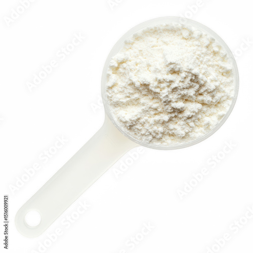 Top view of clear scoop with white powder, isolated on transparent background.
