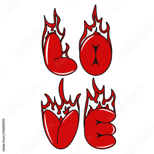 Burning love. Bubble love isolated transparent. Vector illustration of cartoon love word with fire. Perfect t-shirt print valentine's day card poster cover print. EPS 10