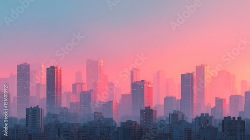 Minimalist urban landscape with abstract skyscraper silhouettes, pastel pink sunset sky, vibrant yet balanced sRGB colors, crisp details, no noise, no artifacts, no overexposure, balanced white tones,
