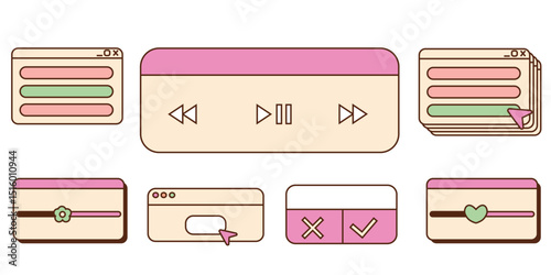 Retro vintage computer window vaporwave old desktop user interface elements. Nostalgic cute technic arrows, download icons, hipster message, cloud vector illustration set.