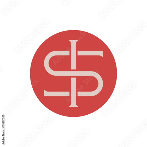 A classic and elegant monogram logo featuring stylized, overlapping letters "S" and "P" in a light beige color, centrally positioned within a solid red circle