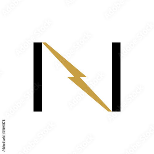A modern and abstract logo featuring two bold black vertical bars with a stylized gold lightning bolt or diagonal line with sharp ends connecting them. It suggests energy, technology, connection