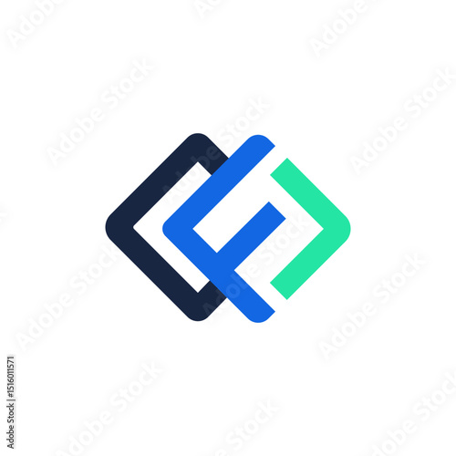 A modern and geometric logo featuring three overlapping and interconnected rounded square shapes in dark blue, bright blue, and teal, forming a stylized letter "F" or an abstract, layered design