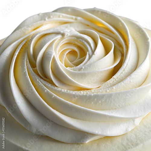 Close up view of a swirled white buttercream frosting decoration on a delicious cake against black background