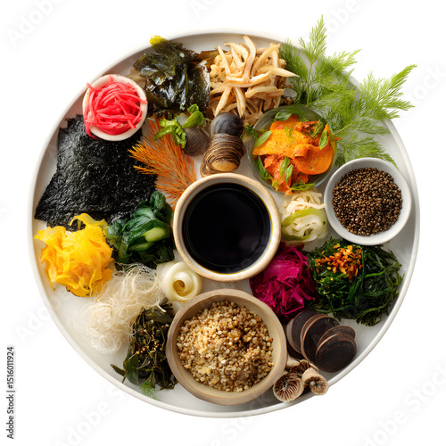 3D macrobiotic meal platter with fermented veggies, seaweed, and miso grains, white background