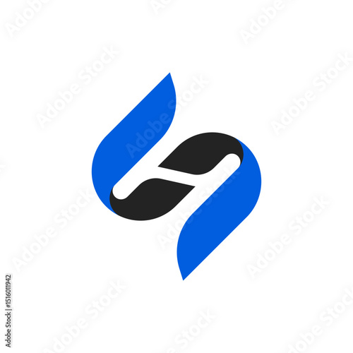 A modern and abstract logo featuring flowing blue shapes wrapping around a black central element, creating a dynamic and embracing form that could suggest protection, connection,