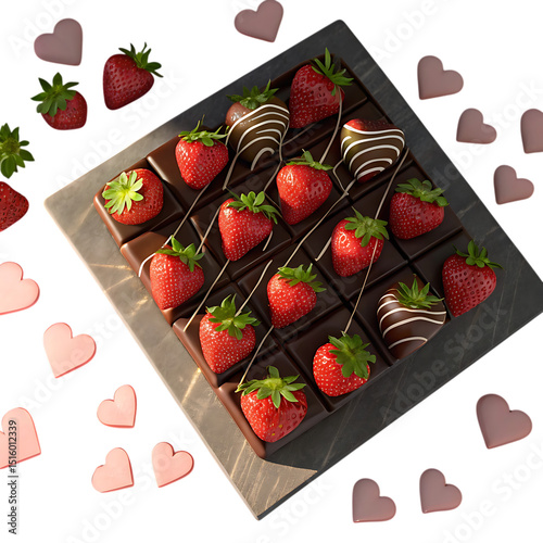 Delicious chocolate square garnished with fresh strawberries and heart shaped decorations perfect for valentine's day