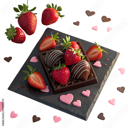 Delicious assortment of chocolate covered strawberries and heart shaped candies on a dark slate