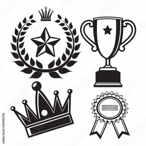 Set of winning award and prize icons, trophy reward, victory trophy signs depicting an award, victory cup achievement, winner medal - stock vector