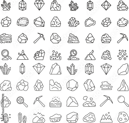 rocks and minerals line icons set. geology, crystals, earth science, natural elements. vector illustration