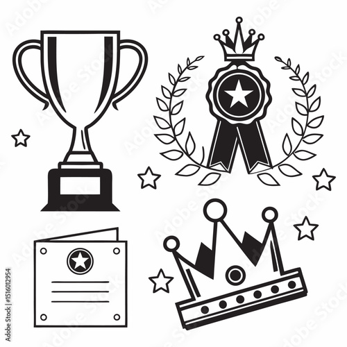 Set of winning award and prize icons, trophy reward, victory trophy signs depicting an award, victory cup achievement, winner medal - stock vector