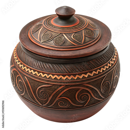 Intricately carved ceramic pottery vessel with lid showcasing ornate designs and copper accents against a black background