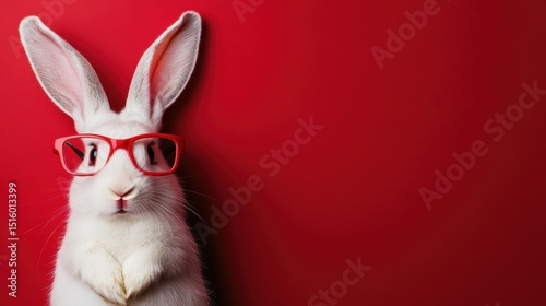 A quirky rabbit wearing vibrant red glasses against a striking red backdrop, portraying a fun and humorous personality while evoking joy and playfulness through colorful contrasts.