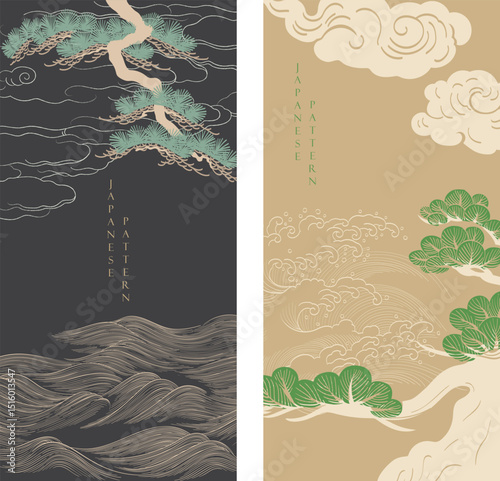 Japanese background with line Chinese cloud and bonsai tree pattern vector. Abstract template with geometric wave pattern. Cloud postcard design in vintage style