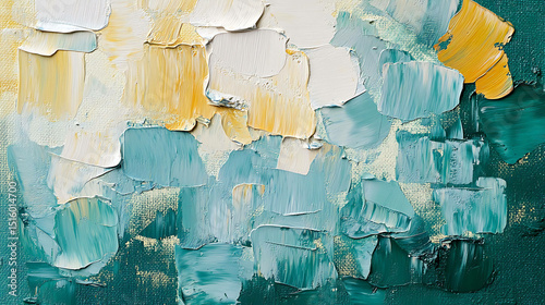Abstract oil painting texture in shades of teal, gold, and white