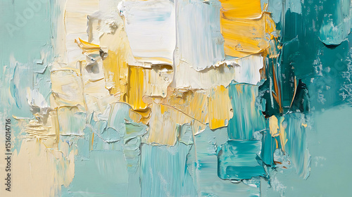 Abstract oil painting texture in shades of teal, gold, and white