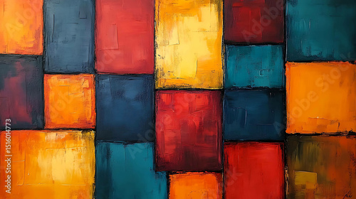 Abstract painting of overlapping squares in bold contrasting colors