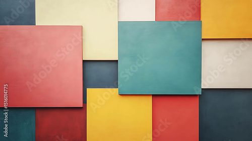 Abstract painting of overlapping squares in bold contrasting colors