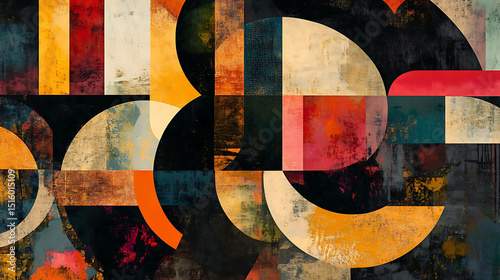 An abstract design with bold lines, aged patterns, and muted jewel tones
