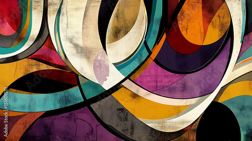 An abstract design with bold lines, aged patterns, and muted jewel tones
