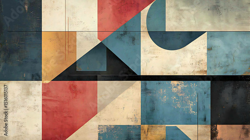 An abstract design with bold lines, aged patterns, and muted jewel tones