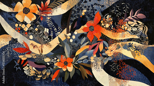 An abstract tapestry with intertwined vintage floral patterns and geometric elements