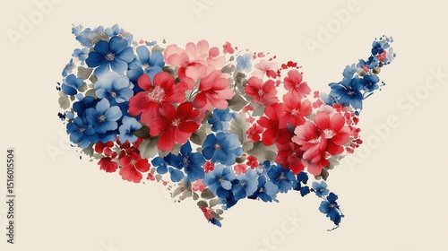 Artistic floral map of America with vibrant red and blue flowers on light background