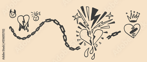 Broken hearts crayon drawn set. Breakup marker doodles isolated on white background. Love naive hand drawn painting elements. Vector heartbreak by pencil illustration.