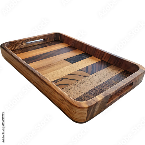 A beautiful handmade wooden tray with a detailed mosaic pattern against a black background